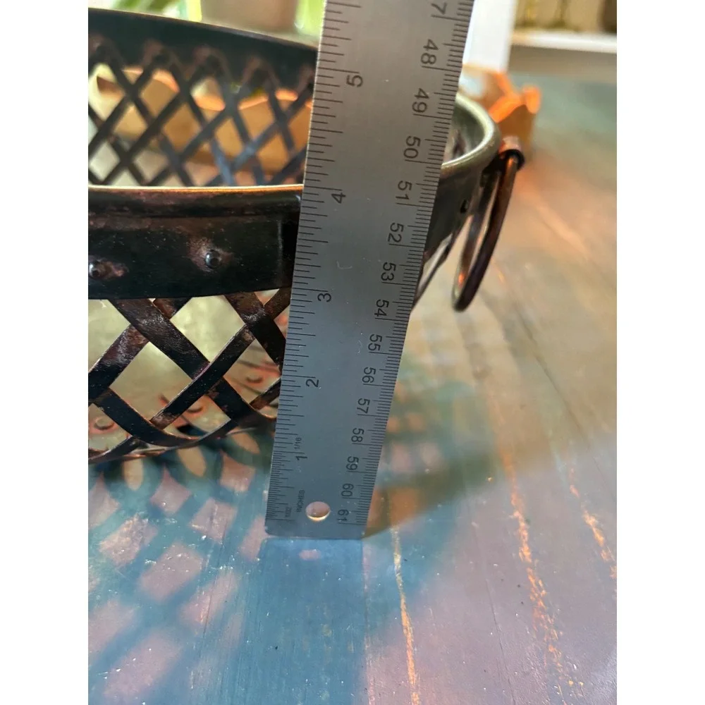VTG Woven Metal Basket Bronze Copper Patina Round Fruit Bowl Ring Handle